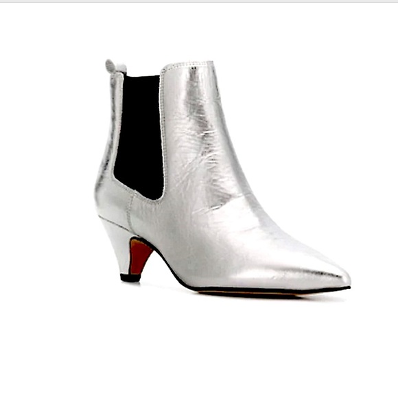 NWT Sam Edelman Leather Silver Metallic Katt Chelsea Kitten Heel Ankle Boot - Picture 2 of 11